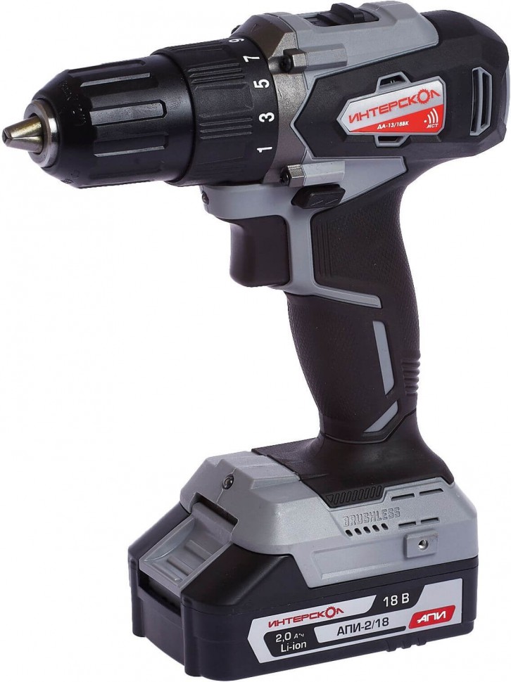 Профессиональная бесщёточная аккумуляторная дрель-шуруповерт ИНТЕРСКОЛ  ДА-13/18ВК , Li-ion АПИ, 2 скорости, 2 АКБ 1,5Ач, ЗУ, кейс, 575.1.2.70 фото 1 — Магазин официального дилера Интерскол в России