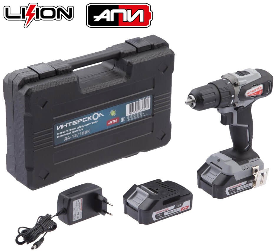 Профессиональная бесщёточная аккумуляторная дрель-шуруповерт ИНТЕРСКОЛ ДА-13/18ВК, Li-ion АПИ, 2 скорости, 2 АКБ 2Ач, ЗУ, кейс 575.2.2.70 фото 1 — Магазин официального дилера Интерскол в России